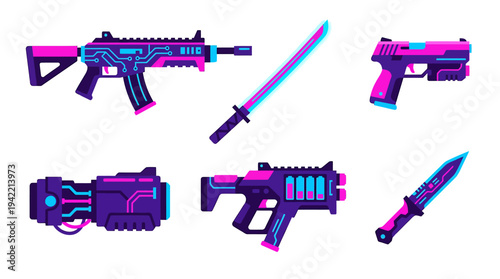 Neon Toy Weapons Display Featuring Pistols Sword and Dagger. Vector Illustrations. EPS Editable