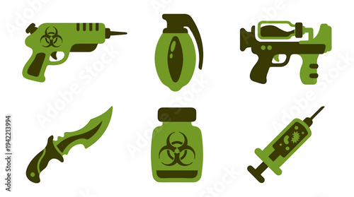 Industrial Hazard Icons Featuring Tools Biohazard Bottle and Syringe. Vector Illustrations. EPS Editable