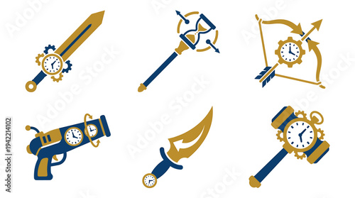 Assorted Fantasy Weapons and Timepiece Collection for Display. Vector Illustrations. EPS Editable