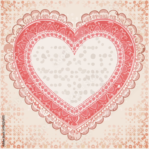 Różowe serce z koronkowym wzorem na tle retro, idealne na Walentynki lub romantyczną kartkę okolicznościową.