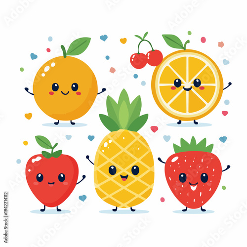Conjunto de frutas kawaii con caras sonrientes: naranja, piña, fresa y cerezas sobre fondo blanco.