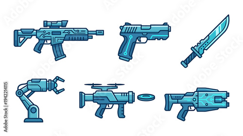 Blue Line Weapon Set Illustration Showcasing Rifles Pistols and Knife. Vector Illustrations. EPS Editable