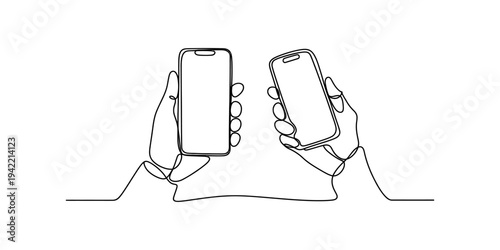 Continuous line drawing of two hands holding smartphones for mobile communication and technology concept Vector, illustration