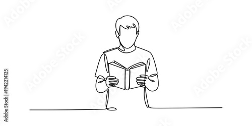 Continuous one line drawing of a young man reading a book in his hands on white background. Vector, illustration