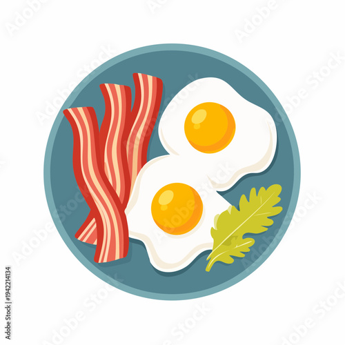 Desayuno clásico con huevos fritos y tiras de tocino crujiente servido en plato azul, ilustración vectorial.
