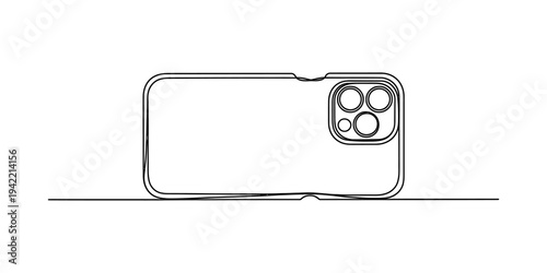 Continuous line drawing of a modern smartphone showing triple camera setup on white background. Vector, illustration