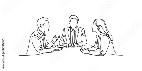 Continuous line art illustration of people sitting at a desk for a collaborative discussion Vector, illustration
