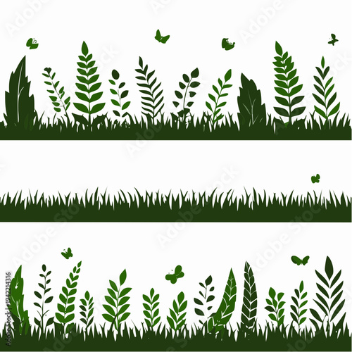 Conjunto de siluetas de hierba y follaje verde oscuro con mariposas, diseño de borde aislado.