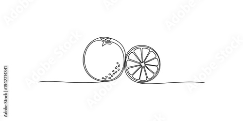Simple minimalist black and white line drawing of a whole orange and a sliced half Vector, illustration