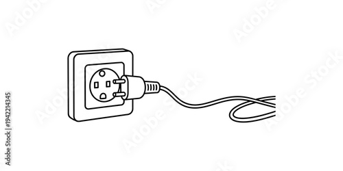 Black and white line drawing of a power plug being inserted into an electrical wall socket. Vector, illustration