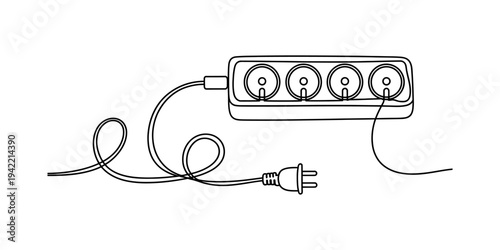Line drawing of a portable electric power strip with four sockets and a long coiled cable. Vector, illustration