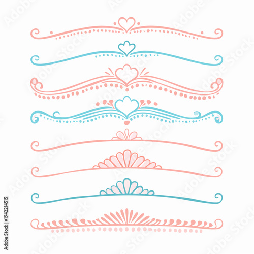 Conjunto de divisores ornamentales dibujados a mano, líneas decorativas rosas y azules con corazones.