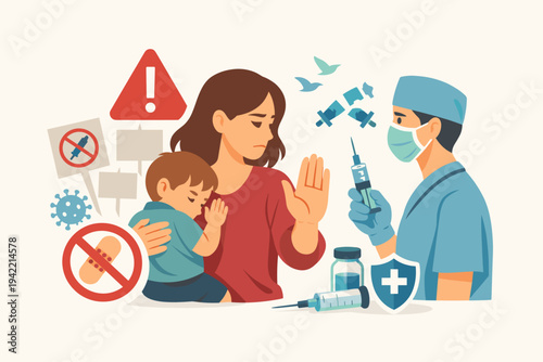 Anti-vaccination movement concept with a mother refusing a vaccine for her child from a doctor. Flat vector illustration of vaccine hesitancy, medical skepticism, and protest against immunization.
