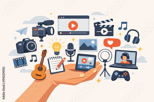 Content Creator Concept with Hand Holding Digital Media Icons for Video Production, Music, Writing, Blogging, Social Media Marketing, Podcast, Gaming, and Online Entertainment Illustration.