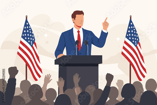 Flat Vector Illustration of a Male Politician Giving a Speech at a Podium with American Flags and a Crowd of Supporters during a Political Campaign Rally or Election Event in the United States