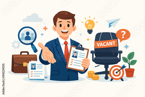 Employer offering job vacancy with vacant office chair, resume clipboard, and recruitment icons like magnifying glass, target, and lightbulb. Professional hiring and career concept vector.