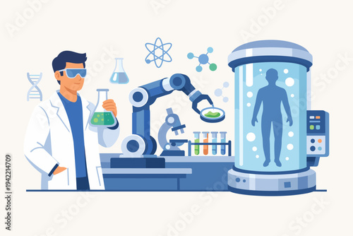 Scientist in a modern laboratory conducting advanced research with a robotic arm, holding a chemical flask next to a human incubation capsule, biotechnology and genetic engineering concept.