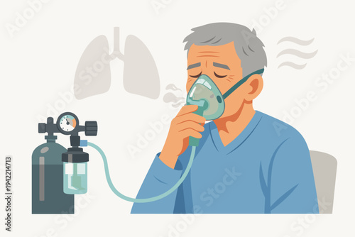 Elderly Man with Chronic Obstructive Pulmonary Disease COPD Using Oxygen Mask and Tank for Respiratory Support, Medical Healthcare Vector Illustration of Senior Patient Breathing Assistance