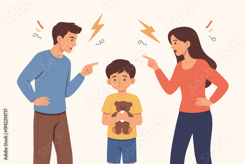 Vector illustration of a sad little boy holding a teddy bear, caught in the middle of his parents' heated argument and conflict, depicting family problems, divorce, and domestic dispute impact.