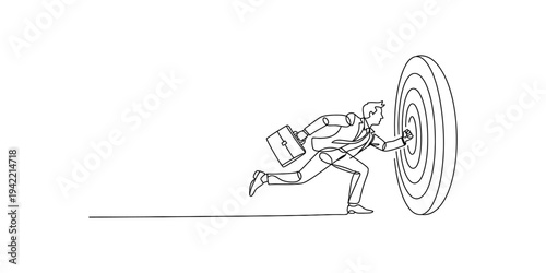 A businessman running towards and hitting the center of a large bullseye target for success Vector, illustration