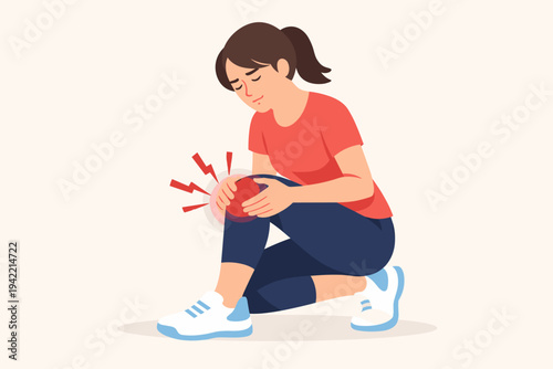 Vector illustration of a young woman in sports clothes suffering from intense knee pain while exercising, clutching her injured joint with a painful expression, flat design on light background.