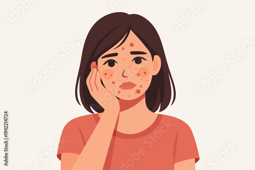 Flat Vector Illustration of a Sad Young Woman with Acne and Skin Imperfections on Her Face, Showing Pimples and Blemishes for Dermatology, Skincare, Puberty, and Facial Health Concepts.