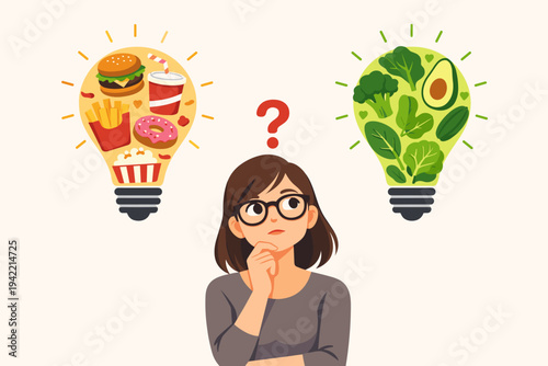 Woman in glasses thinking about diet choices, looking at lightbulbs filled with junk food like burgers and fries versus healthy green vegetables like broccoli and avocado. Nutrition and lifestyle.