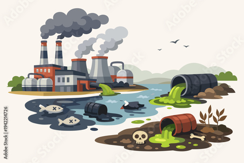 Industrial Factory Polluting Environment with Toxic Waste and Smoke. Vector Illustration of Chemical Plant Dumping Sludge into River, Causing Air and Water Pollution with Dead Fish and Oil.
