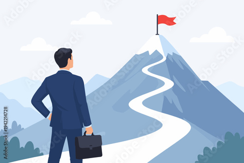 Ambitious Businessman in Suit with Briefcase Looking at Red Flag on Mountain Peak, Winding Path to Success, Career Goals, Achievement, Leadership, Visionary Strategy, Professional Growth Concept.