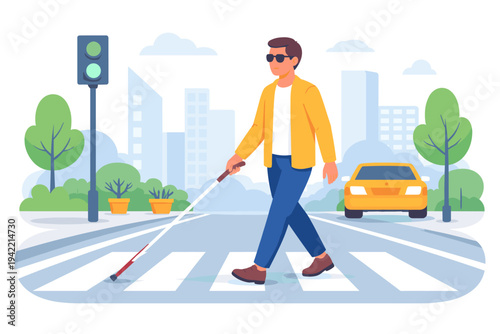 Blind Man with Sunglasses and White Cane Crossing the Street on a Zebra Crosswalk in the City, Flat Vector Illustration of a Person with Visual Impairment Navigating Urban Environment Safely.