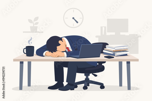 Exhausted Businessman Sleeping at Office Desk with Head Down, Tired Employee Overworked and Stressed, Flat Vector Illustration of Burnout, Fatigue, and Late Night Work Deadline in Workplace