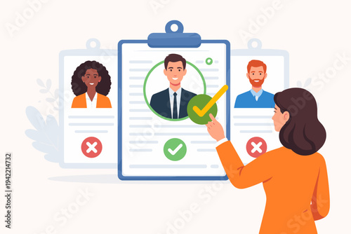 Businesswoman selecting the best male candidate for a job position from a group of applicants on clipboards, human resources recruitment process, hiring professional staff, flat vector illustration