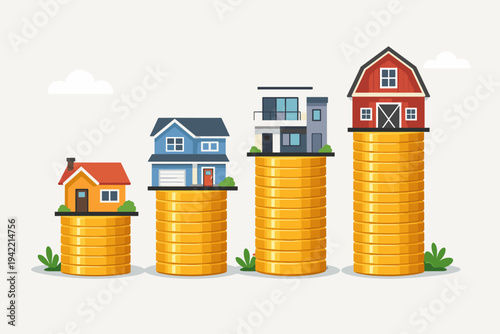 Vector Illustration of Different Types of Houses Standing on Stacks of Gold Coins Representing Real Estate Investment, Property Value Growth, Housing Market Trends, and Financial Wealth Savings.
