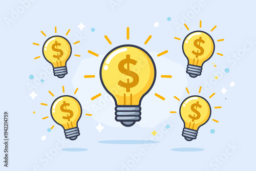 Vector Illustration of Glowing Light Bulbs with Dollar Symbols Representing Profitable Business Ideas, Financial Innovation, and Creative Investment Strategies on a Light Blue Background.
