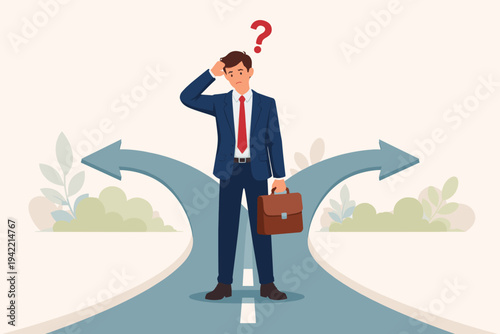 Confused businessman in suit with briefcase standing at crossroads with arrows pointing in opposite directions, feeling perplexed and uncertain about which career path or business way to choose.
