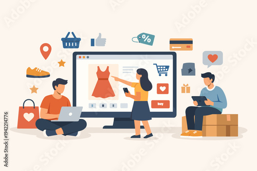 Flat vector illustration of people shopping for clothes online using a computer, laptop, and tablet. Features e-commerce icons like shopping carts, bags, credit cards, discount tags, and boxes.