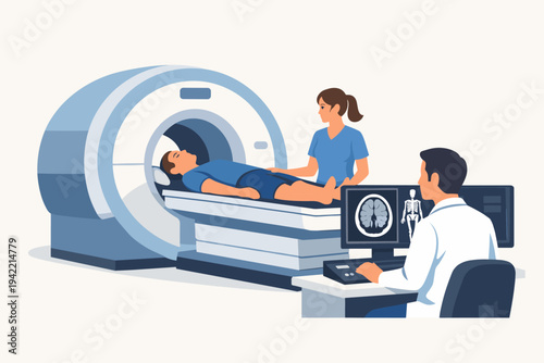 Medical vector illustration of a radiologist doctor and nurse performing a patient brain and body scan using an MRI machine in a hospital clinic, diagnostic imaging technology and healthcare.