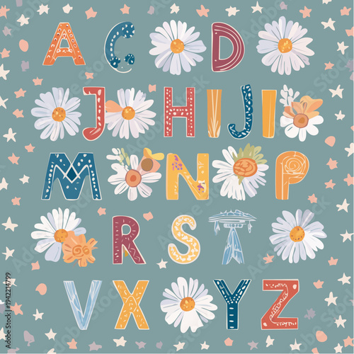 Uroczy, ręcznie rysowany alfabet z motywem stokrotek i gwiazdek, idealny do dekoracji dziecięcej.