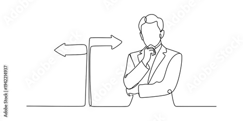 Businessman standing by a signpost with arrows pointing in different directions making a decision Vector, illustration
