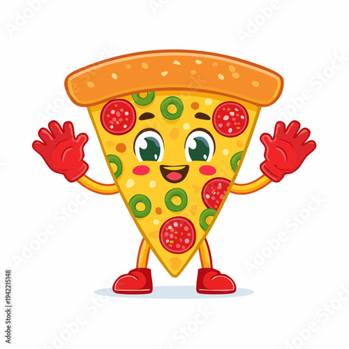 Rebanada de pizza de pepperoni y aceitunas con cara sonriente y brazos levantados, personaje divertido