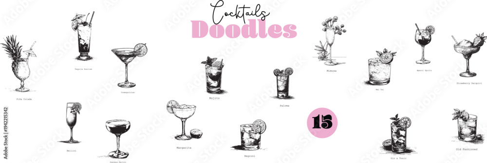 Fototapeta premium Cocktail doodle set, hand drawn vintage cocktail vector illustrations
