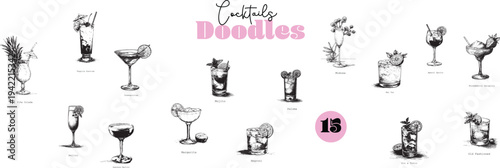 Cocktail doodle set, hand drawn vintage cocktail vector illustrations