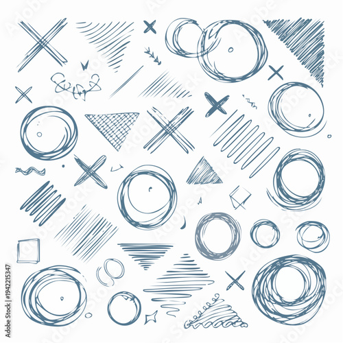 Zestaw ręcznie rysowanych elementów graficznych: koła, krzyżyki, trójkąty i linie w stylu bazgrołów.