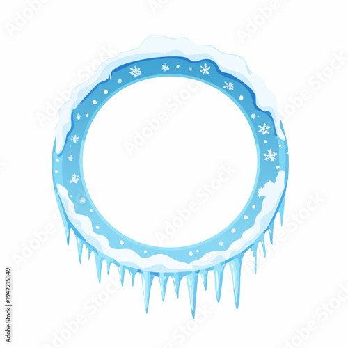 Marco circular de hielo azul con carámbanos y copos de nieve, ideal para diseño transparente.