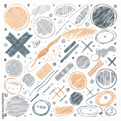 Zestaw ręcznie rysowanych, bazgrołowych kształtów i elementów w kolorach pomarańczowym i szarym na białym tle.
