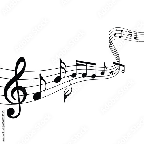 Elegant musical notes and treble clef flow in a sweeping design