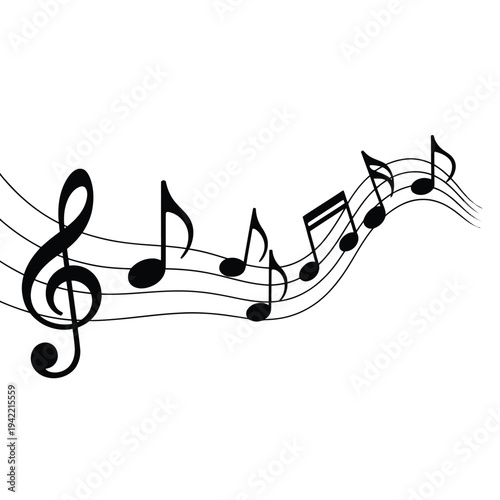 Musical notes and treble clef floating on curved lines