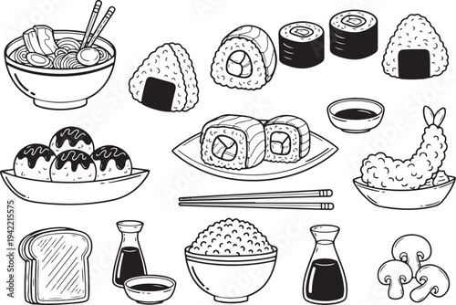 Asian Food Black and White Ramen Sushi Japanese Cuisine, Doodle Cartoon Collection