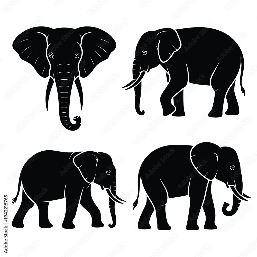 Fototapeta premium Four black silhouettes of elephants in various poses are displayed
