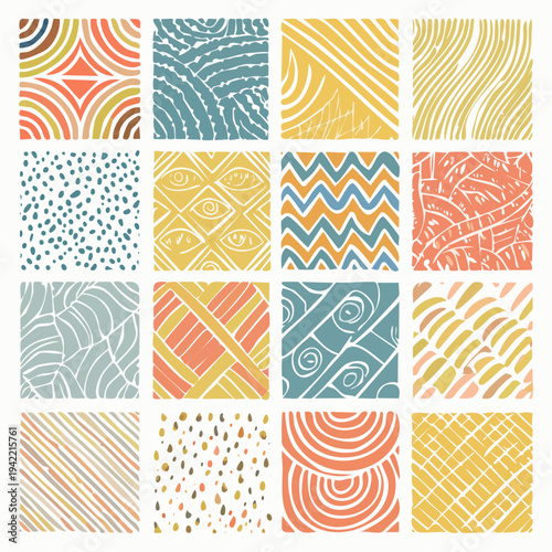 Zestaw szesnastu abstrakcyjnych, ręcznie rysowanych wzorów tekstur w ciepłej palecie barw, idealnych do tła.